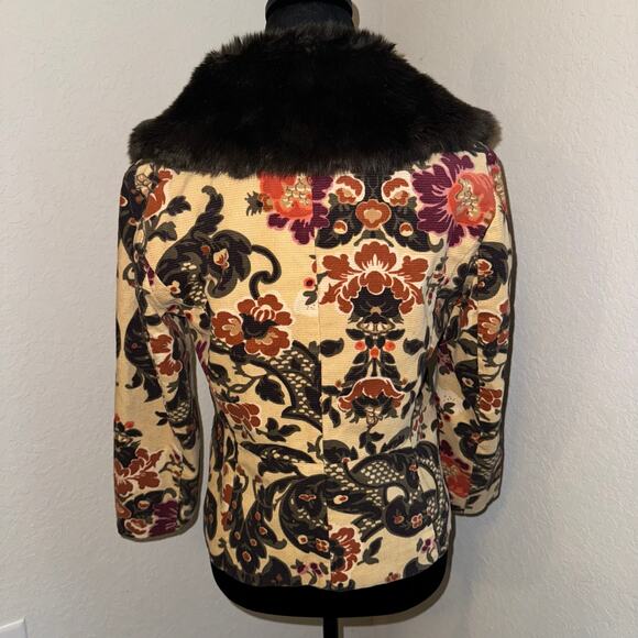 ATL Studio Brocade Floral Removeable Faux Fur Short Jacket Size 6P Button Up - Picture 2 of 10